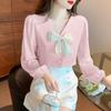 Camisa de Chiffon de Manga Longa para Início do Outono Primavera e Outono 2025 Chic e Bonita Gola Estilo Estrangeiro Camisa de Base Top para Mulheres