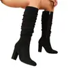 6301-69 Botas Longas Pretas de Veludo até o Joelho Plissadas para Mulheres com Zíper Lateral, Salto Grosso e Design Empilhado, Botas de Cano Alto Exclusivamente para Vendas Transfronteiriças