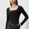 CANVAUS Outono e Inverno Nova Camisa Básica Gola Quadrada Feminina Manga Longa Slim Fit Stretch Rib Muscle Camiseta Básica Top