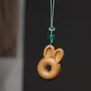 Pingente Esculpido em Sândalo Verde, Chaveiro Donut Divertido e Fofo com Orelhas de Coelho, Pingente de Corrente para Celular