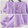 Camisa de Algodón Bordada Calada Lila Claro para Mujer Diseño Verano 2025 Cuello Redondo Camisa Holgada Top A3687