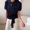 Tricô de manga curta com gola polo estilo college e trança para mulheres, top curto de nicho, nova camiseta bordada de verão 2025