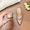 Mules Planas Femininas com Strass e Bico Fino para Aumentar a Altura, para Uso Externo, Tamanho 25, Sapatos Mary Jane com Fechamento de Uma Tira e Bico Fechado