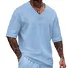 Nova Camiseta Masculina Jacquard Cor Sólida Gola V Casual Versátil para Exterior Primavera e Verão Europeia e Americana
