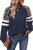 Sudadera cruzada europea y americana para mujer, estampado de leopardo, bloques de color, manga larga, corte holgado, nuevo jersey de cuello redondo para primavera y otoño