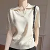 Estilo Verão Novo Tencel Linho Fio Pontilhado Feminino Gola Lapela Tricô Meia-Manga Camiseta Top Fino Pulôver