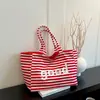 Bolsa de mano tote artística casual de gran capacidad, estilo perezoso, diseño de nicho, con estampado de letras a rayas, de doble cara, para mujer