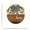 Cartel de Bienvenida a Casa de Madera Popular Transfronterizo con Lazo Rayado Cartel para Puerta Colgante para Exteriores Decoración de Flores Blancas de Primavera