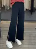 Pantalones de punto para mujer de lana 100%, de pierna ancha, ajustados, de cintura alta, con hebilla, color liso, sólidos, de moda, para ir al trabajo
