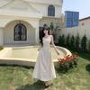 Ligeiramente Gordo plus size Francês Primeiro Amor Estilo Suave Platycodon Grandiflorum Gola Quadrada Bolinhas Onduladas vestido Primavera e Verão Novo Elegante Saia Slip