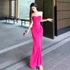 Con tiras antideslizantes y almohadillas en el bustoElegante y sexy bustier de encaje patchwork vestido largo plisado de cintura alta