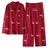 Pijama Rojo para Mujer en Primavera y Otoño con Cárdigan Acolchado de Algodón con Cuello Kimono Conjunto Dulce Casual para Casa