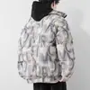 Jaqueta de Algodão com Gola Alta e Estampa de Letras em Veludo Cotelê para Homens, Novo Estilo de Inverno, Puffer Loose Casual Espesso e Quente, Tendência