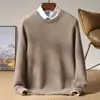 Novo suéter masculino de lã pura com gola redonda para outono e inverno, pulôver solto e grosso de tricô de cashmere, camisa básica moderna