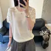 Blusa de Tricô com Strass Resistente e Seda de Gelo para Mulheres, Estilo Europeu 2026 Nova Moda Europeia Verão Camiseta de Manga Curta Blusa Fina