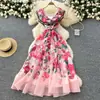 Vestido Elegante Estilo Francês Feminino Verão Socialite Alta Qualidade Franzido Decote V Cintura Apertada Slim-fit Estampado Longo
