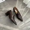 Versión de Piel de Vaca~Zapatos de Cuero Elegantes de Punta Fina con Tacón Grueso Estilo Retro para Mujer, Mocasines Slip-On Versátiles para el Trabajo, Zapatos de Vestir de un Solo Color Estilo Francés