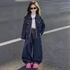 Nova coleção de outono para meninas: Conjunto de jaqueta jeans color-block estilo coreano e calça wide leg, adequado para primavera e outono, um look moderno para estudantes