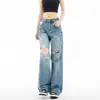 Jeans Ripped Wide-Leg Estilo Retrô Americano para Mulheres Verão 2025 Fino Novo Estilo Solto Reto Casual Sensação Relaxada