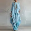 2026 Moda Independiente Ropa para Mujer Europea y Americana Estampado Digital Pantalones de Pierna Ancha + Top de Manga Larga Cuello Redondo Color Sólido Conjunto de Dos Piezas