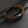 Nuevo Pulsera Trenzada de Cuero Cruzada de Tres Capas Europea y Americana Pulsera de Piedra Ojo de Tigre Natural para Hombre Pulsera de Perlas Joyería