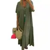 Vestido de comprimento médio com decote V que valoriza a silhueta, saia de algodão e linho para mulheres, loja TikTok Shopee transfronteiriça europeia e americana, tamanhos grandes