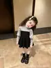 Vestido Outono Feminino Dois em Um, Bloco de Cores Cinza e Preto, Mangas Bufantes, Saia Evasê Marcando a Cintura, Moda Coreana Vestido Princesa Moderno