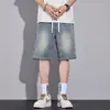 Calça Jeans de Cinco Pontos com Padrão Céu Estrelado Fina de Verão Masculina Solta Reta Streetwear Americano Casual Shorts de Verão Calça Média