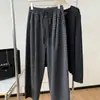 Calças Casuais de Xadrez Preto e Cinza para Mulheres, Novas Calças Longas de Outono para Plus Size, Cobre o Quadril, Emagrecimento, Cintura Elástica, Calças de Perna Reta de Perna Larga