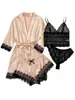 Pijamas transfronteiriços femininos de verão coloridos plus size europeus e americanos pijamas sexy com alças finas renda conjunto de quatro peças atacado