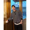 Otoño e Invierno Nuevo Retro Rayas Elegante Bloques de Color Tejido Cuello Henley Manga Larga Moderno Casual Versátil Holgado Camiseta