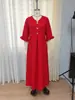 Vestido Longo de Moda Feminina Europeia e Americana Transfronteiriça, Cor Sólida com Bolsos, Decote V, Botões de Madeira, Mangas Bufantes, Caimento Solto, Barra Larga, Vestido Longo para Férias
