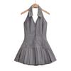 Vestido plisado de cintura baja a rayas con escote en V y halter artístico para chica americana 2023, falda acampanada sin espalda y adelgazante
