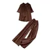 Conjunto de dos piezas para mujer de estilo casual, camisa rosa holgada de manga corta y pantalones de pierna ancha, atuendo de verano ligero, transpirable y moderno con ajuste a la cintura