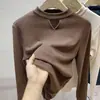 Camisa de cuello semi-alto de terciopelo de doble cara lijado para mujer, nueva de otoño e invierno 2024, hueca, con forro polar interior, top engrosado, estilo coreano