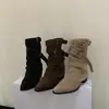 Botines elegantes y modernos 2026, color café gamuza, botines de media pantorrilla con punta para mujer con hebilla de cinturón, botines de talla grande para mujer