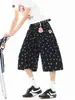 Calça Jeans Cropped Estampa de Bolinhas Retro Americana por Toda a Peça para Homens e Mulheres, Shorts de Verão com Design Resistente, Calça de Comprimento Médio Solta Plus Size