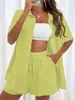 Em estoque 2025 Transfronteiriço AliExpress Moda Shorts Duas Camisas de Cor Sólida conjunto Feminino Casual Solto Manga Curta Fileira Única