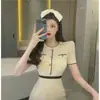 Vestido de manga corta estilo Chanel nuevo estilo 2025 Moda de verano Color de contraste elegante Diseño ajustado Falda adelgazante para mujer