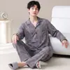 Pijama de Talla Grande para Hombre Primavera y Otoño Algodón Puro Casual Holgado Cuello de Solapa Manga Larga Adolescentes Pueden Usar Ropa de Casa para Salir Conjunto