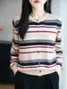 Cárdigan de punto con cuello redondo y raya de contraste de lana finamente hilada, estilo delgado para primavera y otoño, estilo retro francés, chaqueta versátil para el trabajo
