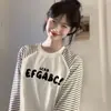 Estilo Coreano Preguiçoso Ins Tendência Marca Estampa de Letras Gola Redonda Manga Longa Camiseta Moda Feminina Design Versátil Top Listrado