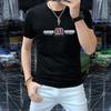 Camiseta de verano para hombre de manga corta de algodón mercerizado con intarsia y diamantes de imitación, moderna, ajustada, informal, transpirable, con cuello redondo y media manga.