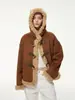 Nova jaqueta de camurça com capuz e pele de carneiro marrom para mulheres, estilo outono e inverno, tamanho pequeno, forrada com fleece e espessa