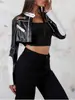 Chica Atrevida Dulce Fresca Chaqueta de Cuero PU de Color Contrastante Primavera 2025 Nuevo Viento de Motocicleta Cremallera Top Corto