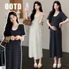 Vestido de Punto de Color Bloque Rayado Nuevo de Verano 2026 para Madres Embarazadas, Elegante y Adelgazante, Vestido Largo Versátil de Maternidad