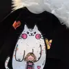 Camiseta de cuello redondo y manga corta con estampado de personaje de gato de dibujos animados de seda de leche para parejas, top casual suelto de verano