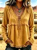 2026 Verano Nuevo Estilo Europeo y Americano Holgado Cuello en V con Flecos Manga Larga Camiseta Color Sólido Top Casual Transfronterizo Camisa para Mujer