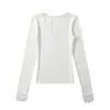 Camiseta Sexy de Encaje con Cuello en V y Mangas Largas Estilo Americano Otoño Alta Elasticidad Ajustada Puño con Encaje Base Dividida
