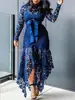 2025 Novo Europeu e Americano Exportação Feminino Wish Renda Vazada Manga Longa Gola Alta Cadarço 5 Cores Vestido Assimétrico